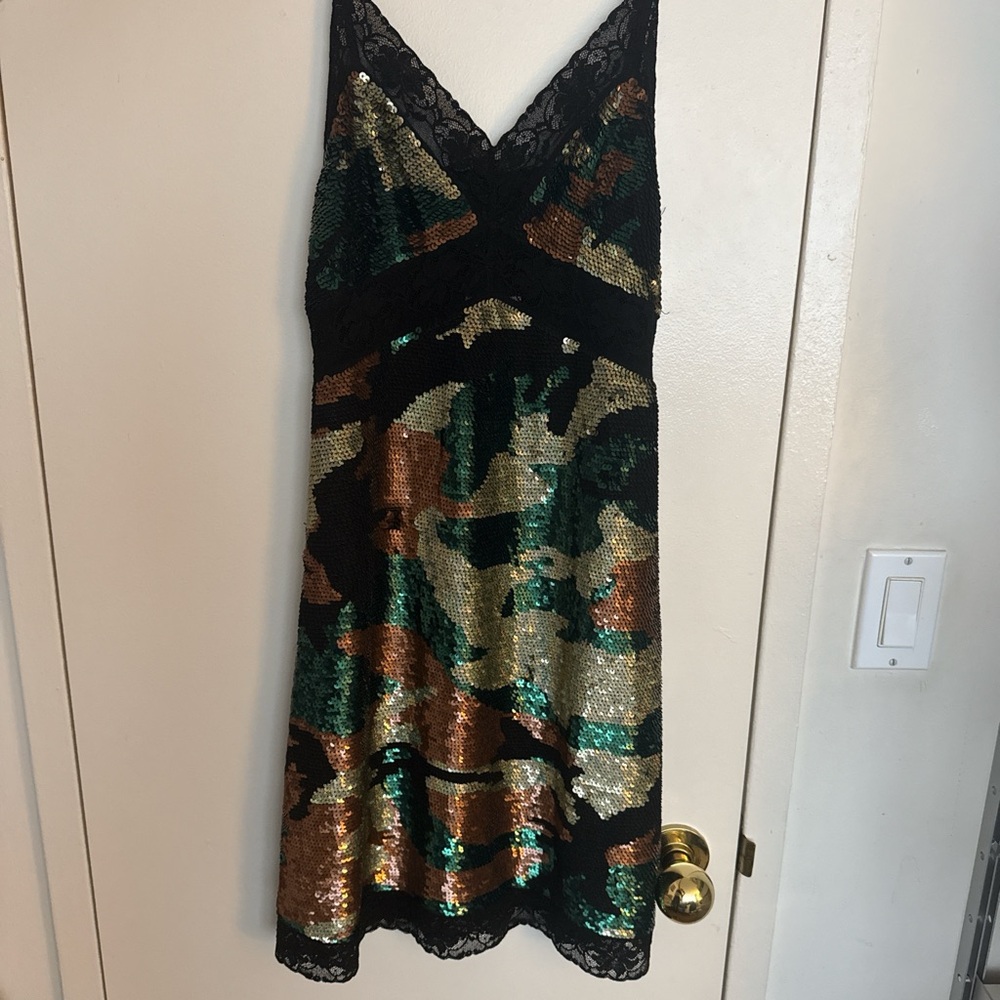 Ashish Sequin Dress in Black, Gold, and Green